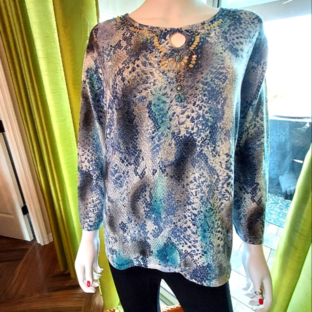 Alfred Dunner Silver Sparkle Snake Print Top with Embellished Neckline: XL